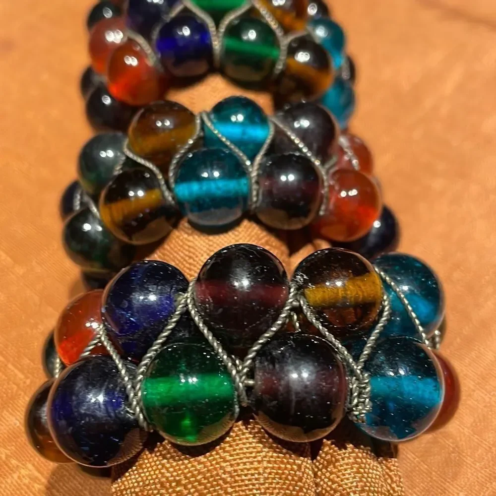 Pier 1 Glass Bead Napkin Rings Set of 6 Earth Tones